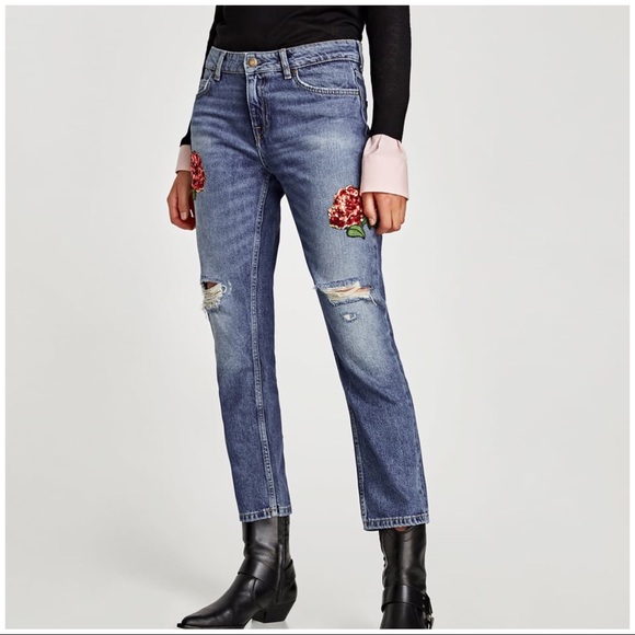 NWT Zara Floral Sequin Beaded Distressed Jeans - Picture 7 of 8